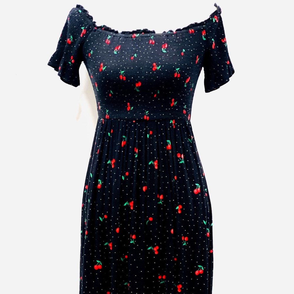 Lulus Sweet Tooth Black Cherry Print Off-the-Shoulder Midi Dress